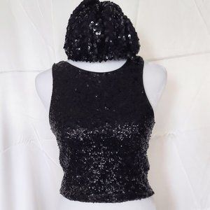 Divided by H&M Size Small Sequined Tank Top Matching Hat Black Black Lined